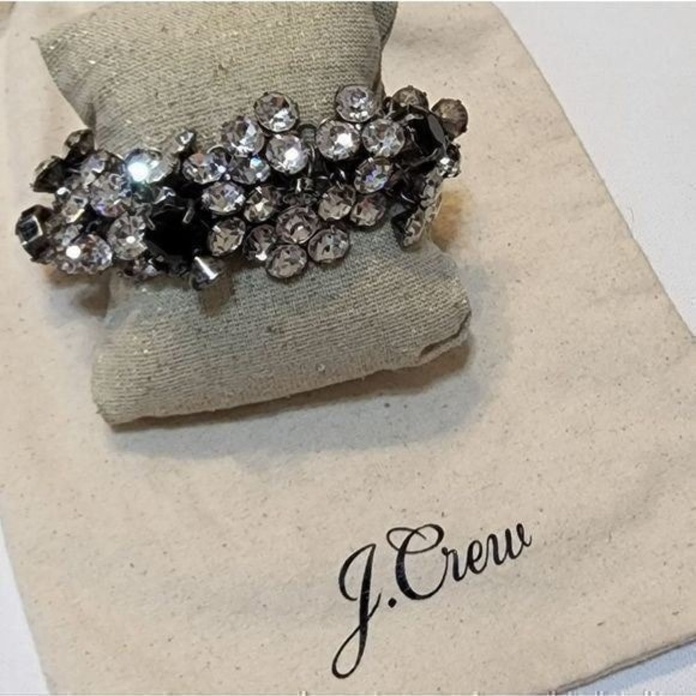 J. Crew Black and Clear Crystal Cluster Statement Bracelet Antiqued Silver Tone‎